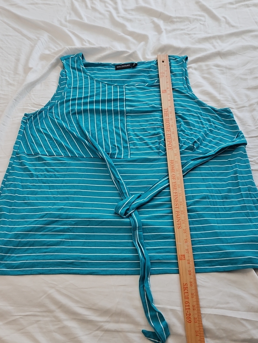 Nina Leonard Teal Striped Sleeveless Tie-Front Top - Picture 6 of 6